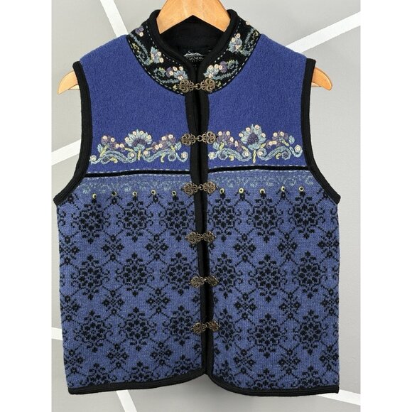 Vintage Icelandic Design 100% Wool Vest Women’s Medium Metal Clasp Floral - Picture 1 of 15
